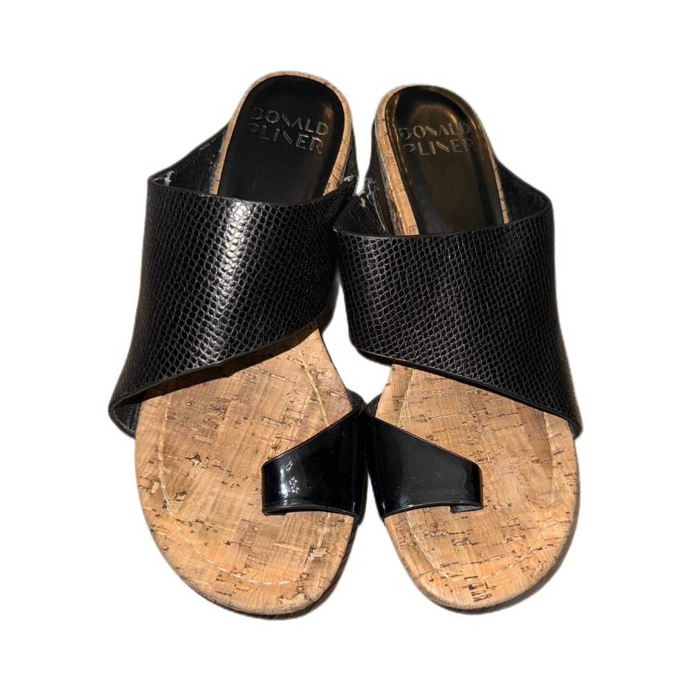 Donald Pliner Gemmy Black Leather Tan Cork Platform Wedge Sandal Womens Size 7.5